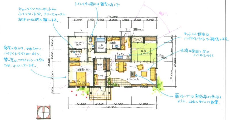 人気厳選プラン紹介ページ　薪ストーブが印象的な2人暮らしの平屋の住まいプラン紹介ページ